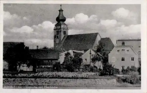 Ak Mühldorf am Inn Oberbayern, Innpartie mit Pfarrkirche
