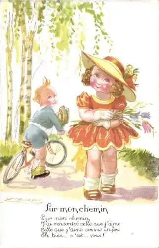 Künstler Ak Mauzan, Junge auf einem Fahrrad, Mädchen mit Hut