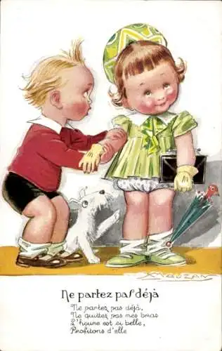 Künstler Ak Mauzan, Ne partez pas deja, Kinder als Erwachsene, Liebespaar, Hund
