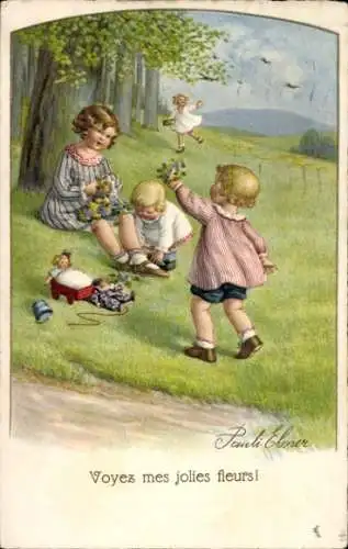 Künstler Ak Ebner, Pauli, Auch mir ein Kränzlein, Kinder, Puppen, Blumen