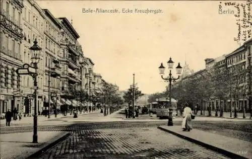 Ak Berlin Kreuzberg, Belle Alliance Straße Ecke Kreuzbergstraße, Straßenbahn