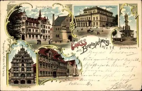 Litho Braunschweig in Niedersachsen, Deutsches Haus, Heinrichs-Brunnen, Hoftheater, Gewandhaus