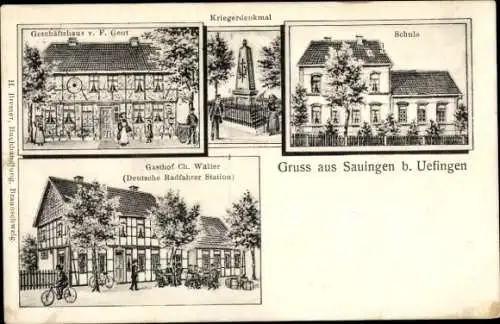 Ak Sauingen Salzgitter in Niedersachsen, Gasthof, Schule, Kriegerdenkmal, Geschäftshaus