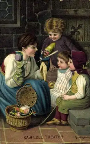 Künstler Litho Kaulbach, Hermann, Kasperle Theater, Kinder, Mutter, Handpuppen