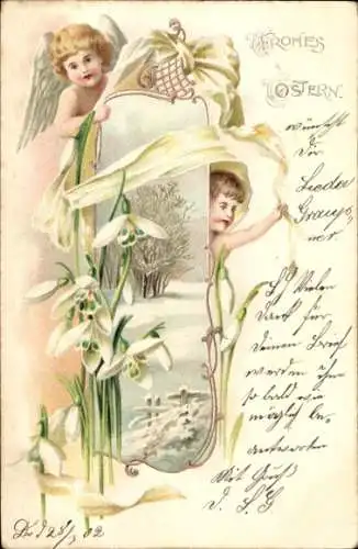Litho Glückwunsch Ostern, Winterlandschaft, Schneeglöckchen, Engel