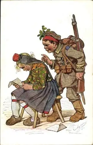 Künstler Ak Beithan, Emil, Hessische Trachten, Mädchen liest Brief, Junge in Soldatenuniform
