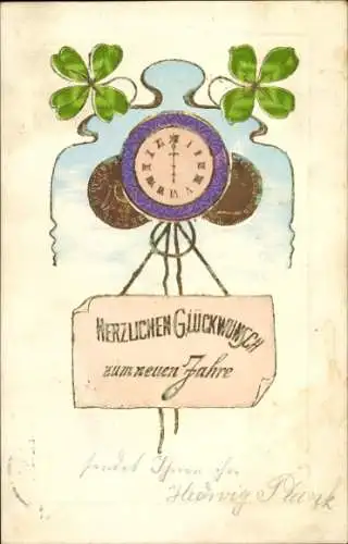 Präge Litho Glückwunsch Neujahr, Uhr, Münzen, Kleeblätter