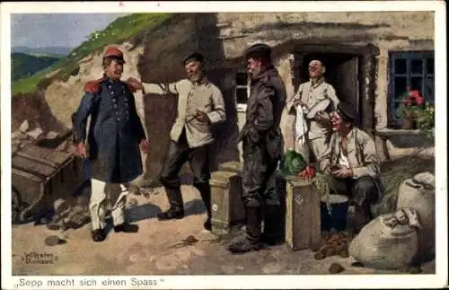 Künstler Ak Roegge, Wilhelm, Sepp macht sich einen Spass, deutsche Soldaten in Fr Uniform, I. WK