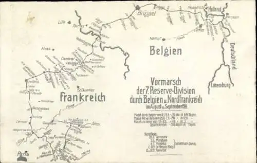 Landkarten Ak Vormarsch der 7. Reserve-Division durch Belgien und Nordfrankreich 1914