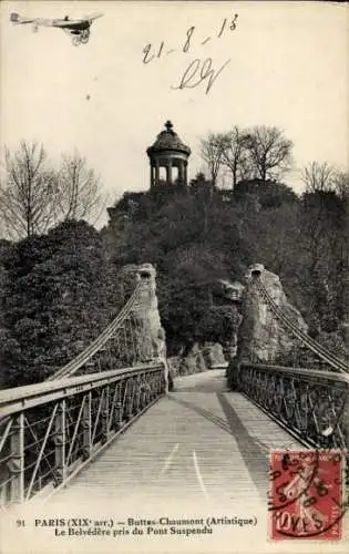 Ak Paris XIX. Buttes Chaumont, Belvedere, aufgenommen von der Hängebrücke
