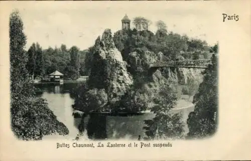 Relief Ak Paris XIX. Buttes Chaumont, La Lanterne, Hängebrücke