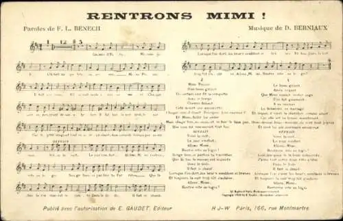 Lied Ak Rentrons Mimi, Text F. L. Benech, Musik D. Berniaux