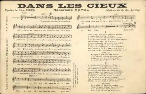 Lied Ak Dans les Cieux, Paroles de Leon Joreb, Musique de A. Alteirac
