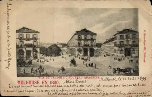Ak Mulhouse Mülhausen Elsass Haut Rhin, Vue du Jardin du nouveau Quartier, 1830