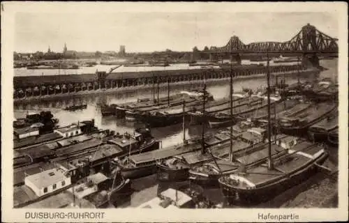 Ak Ruhrort Duisburg Nordrhein Westfalen, Hafenpartie, Frachtschiffe, Brücke