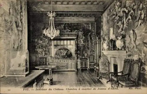 Ak Pau Pyrénées-Atlantiques, Innenraum des Schlosses, Schlafzimmer von Jeanne d'Albret