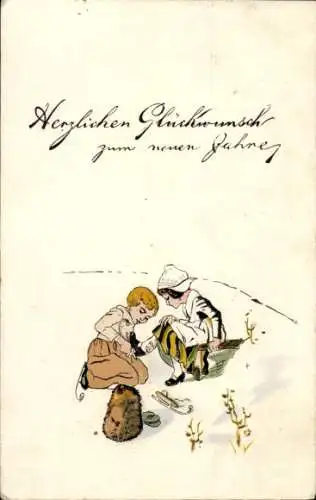 Ak Glückwunsch Neujahr, Kinder, Schlittschuh