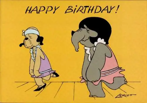 Künstler Ak Loriot, Happy Birthday, Elefant und Hund beim Ballett