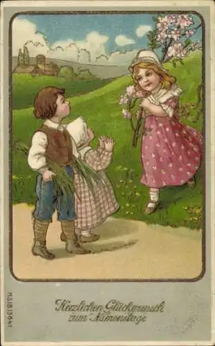 Präge Ak Glückwunsch Namenstag, Kinder, Blumen