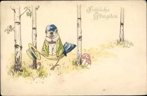 Litho Glückwunsch Pfingsten, Wald, Birken, Pilze, Vermenschlichter Vogel