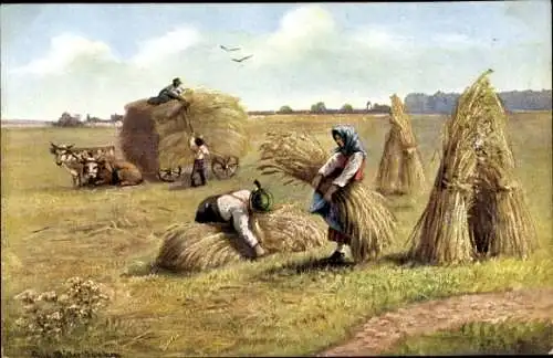 Künstler Litho Müller, August, Bauern bei der Getreideernte auf dem Feld