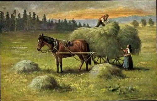 Künstler Litho Müller, A., Bauer und Bäuerin beladen Heu auf den Wagen, Pferd