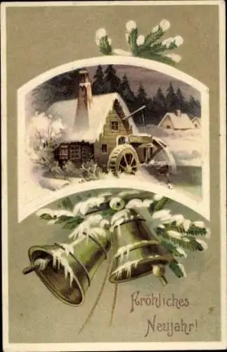 Präge Ak Glückwunsch Neujahr, Verschneite Wassermühle, Glocken, Tannenzweig