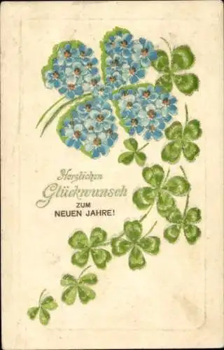 Präge Ak Glückwunsch Neujahr, Vergissmeinnicht, Glücksklee