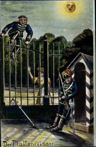 Ak Plattenreisser, Frau nimmt von seinem Geliebten Abschied, Schlafender Soldat, Wachposten, Säbel