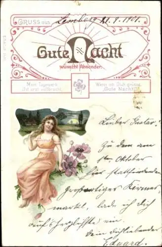 Litho Gute Nacht wünscht Absender, Kitsch, Frau, Blumen