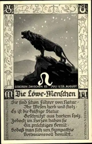 Ak Sternzeichen Löwe, Leo, 23. Juli bis 22. August, Gedicht