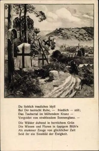 Ak Ritter zu Pferde, Dorfidyll, Gedicht, Du lieblich trauliches Idyll, Bei dir herrscht die Ruhe...