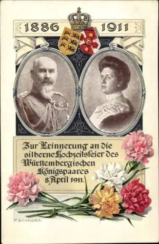 Künstler Ak Schnorr, König Wilhelm II v. Württemberg, Königin Charlotte, Silberhochzeit 1911, Wappen