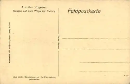 Ak Vogesen, Truppen auf dem Wege zur Stellung, Deutsche Soldaten, I. WK