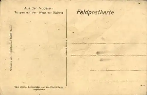 Ak Vogesen, Truppen auf dem Wege zur Stellung, Deutsche Soldaten, I. WK