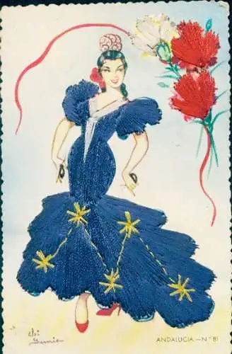 Seidenstick Künstler Ak Andalusien, Frau in blauem Kleid, Blumen, Spanische Tracht