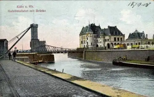 Ak Köln Rhein, Hafeneinfahrt mit Brücke, Wasserpartie