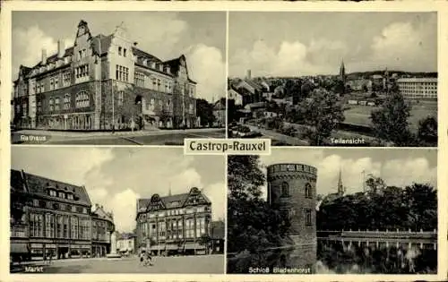 Ak Castrop Rauxel im Ruhrgebiet, Rathaus, Teilansicht, Markt, Schloss Bladenhorst