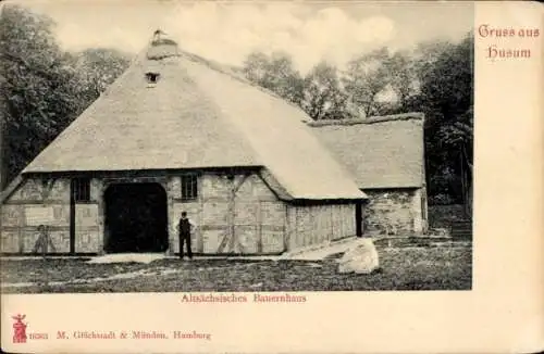 Ak Husum in Nordfriesland, altsächsisches Bauernhaus, Reetdachhaus