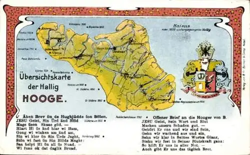 Wappen Landkarten Ak Hallig Hooge in Nordfriesland, Hansdwarf, Backenswarf