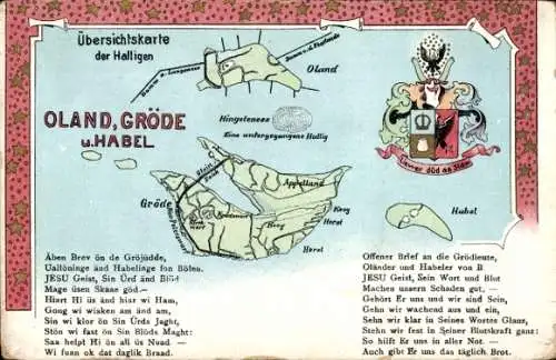 Landkarten Ak Hallig Oland, Gröde und Habel, Wappen, Gedicht