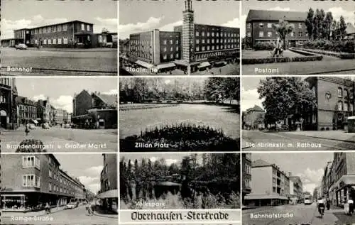Ak Sterkrade Oberhausen am Rhein, Bahnhof, Stadtmitte, Postamt, Rathaus, Zilian-Platz, Volkspark