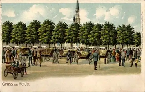 Litho Heide in Holstein, Marktplatz, Fuhrwerke