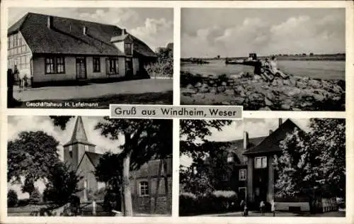 Ak Windheim Petershagen an der Weser, Geschäftshaus H. Lefelmann, Kirche, Teilansichten