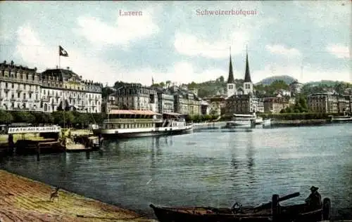 Ak Luzern, Blick auf den Schweizerhofquai, Bootsverleih, Kirchtürme
