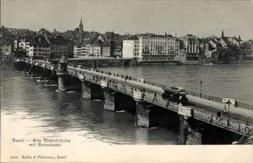 Ak Bâle Basel Stadt Schweiz, Alte Rheinbrücke mit Grossbasel