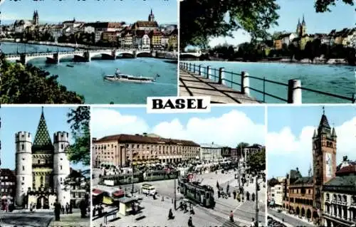 Ak Basel Stadt Schweiz, Rheinbrücke, Rathaus, Spalentor
