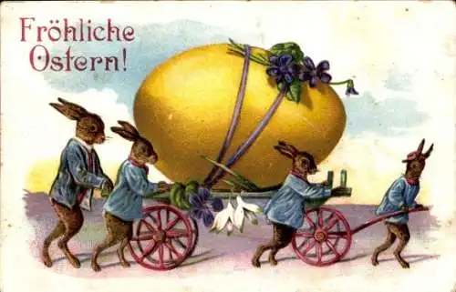 Ak Glückwunsch Ostern, Vermenschlichte Hasen ziehen einen Karren mit großem Osterei