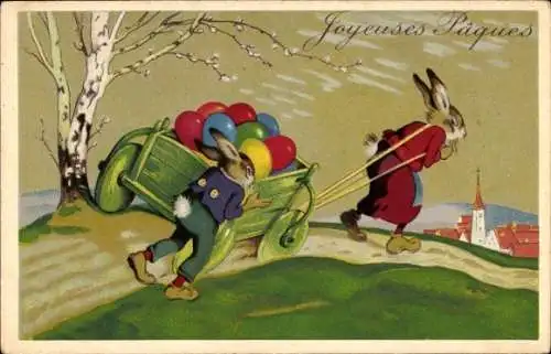 Ak Glückwunsch Ostern, Vermenschlichte Hasen ziehen einen Karren mit Ostereiern