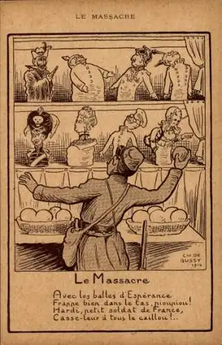 Künstler Ak De Bussy, Ch., The Massacre, With the Bullets of Esperance, Wilhelm II, Karikatur